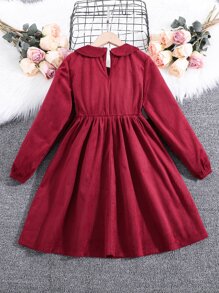 Girls Contrast Lace Peter Pan Collar Dress - Red and White - View 2