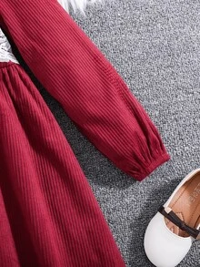 Girls Contrast Lace Peter Pan Collar Dress - Red and White - View 5