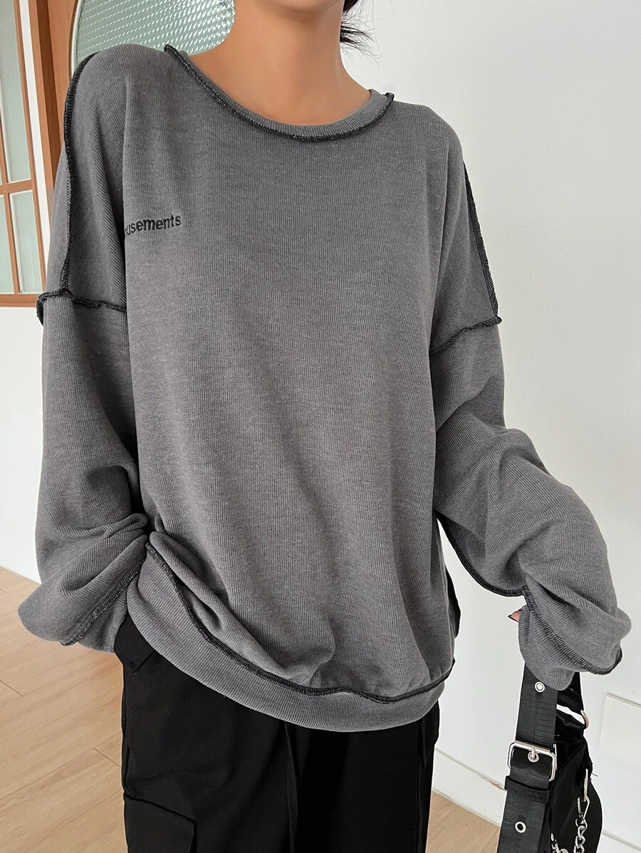 DAZY Letter Embroidery Top-stitching Drop Shoulder Oversized Sweatshirt - Dark Grey - View 1