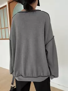 DAZY Letter Embroidery Top-stitching Drop Shoulder Oversized Sweatshirt - Dark Grey - View 2