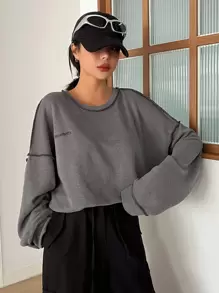 DAZY Letter Embroidery Top-stitching Drop Shoulder Oversized Sweatshirt - Dark Grey - View 4