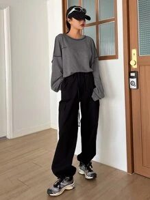 DAZY Letter Embroidery Top-stitching Drop Shoulder Oversized Sweatshirt - Dark Grey - View 7
