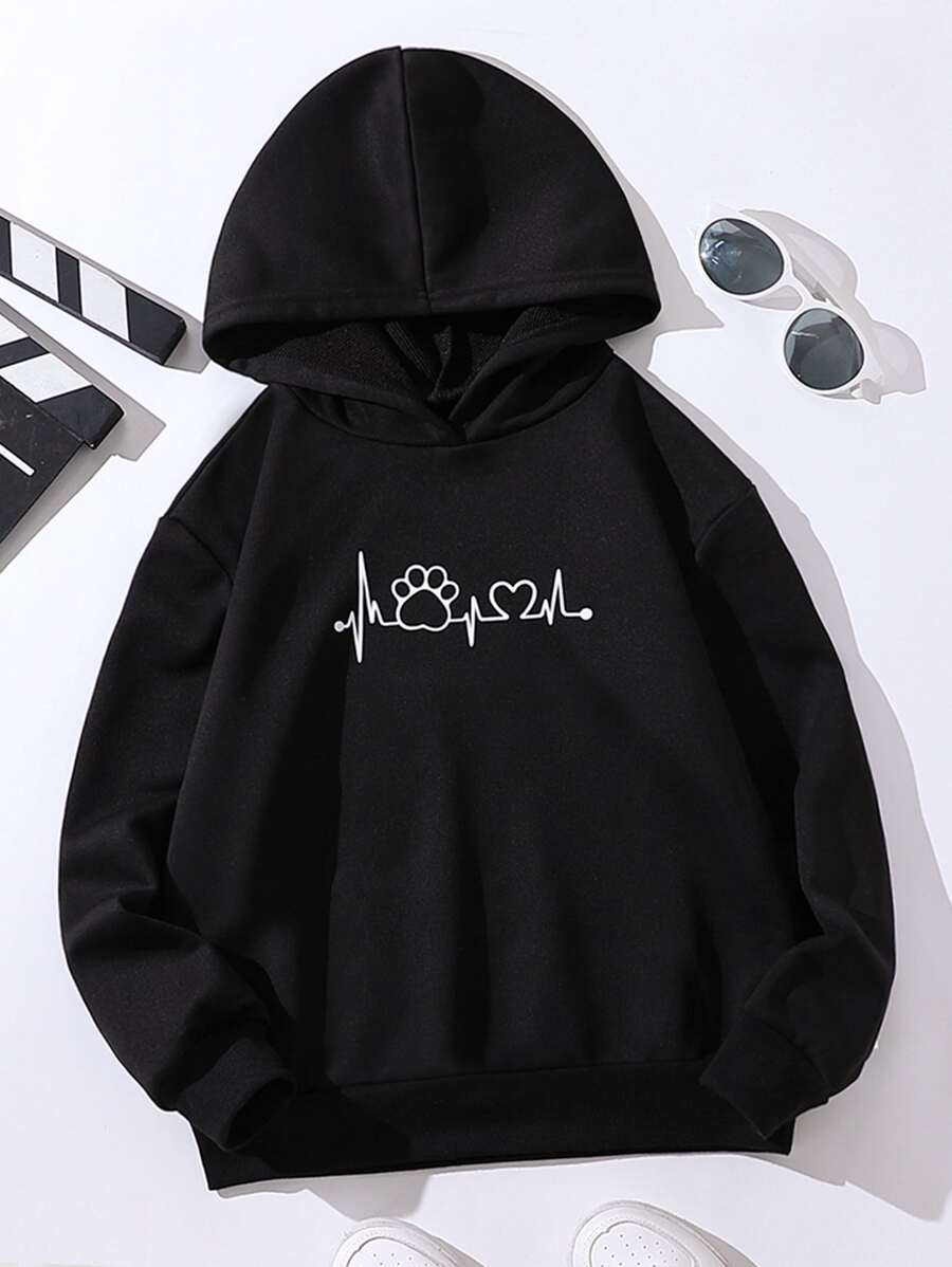 SHEIN Tween Girl Heart Print Sweatshirt - Black - View 1