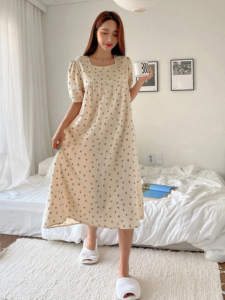 DAZY Váy ngủ tay bồng cổ vuông ren họa tiết hoa tương phản Ditsy, bộ đồ ngủ mùa hè, váy ngủ Moo Moo - Màu be - Xem 1