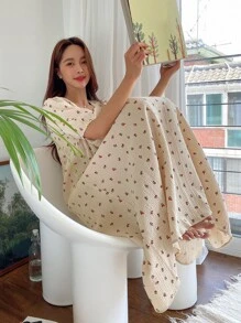 DAZY Váy ngủ tay bồng cổ vuông ren họa tiết hoa tương phản Ditsy, bộ đồ ngủ mùa hè, váy ngủ Moo Moo - Màu be - Xem 2