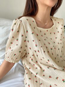 DAZY Váy ngủ tay bồng cổ vuông ren họa tiết hoa tương phản Ditsy, bộ đồ ngủ mùa hè, váy ngủ Moo Moo - Màu be - Xem 3