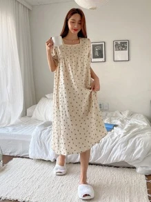 DAZY Váy ngủ tay bồng cổ vuông ren họa tiết hoa tương phản Ditsy, bộ đồ ngủ mùa hè, váy ngủ Moo Moo - Màu be - Xem 4