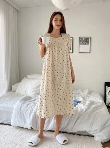 DAZY Váy ngủ tay bồng cổ vuông ren họa tiết hoa tương phản Ditsy, bộ đồ ngủ mùa hè, váy ngủ Moo Moo - Màu be - Xem 5