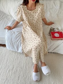 DAZY Váy ngủ tay bồng cổ vuông ren họa tiết hoa tương phản Ditsy, bộ đồ ngủ mùa hè, váy ngủ Moo Moo - Màu be - Xem 7