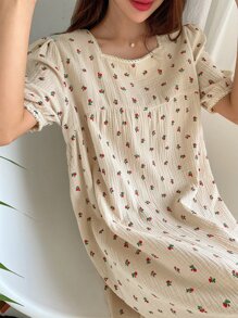 DAZY Váy ngủ tay bồng cổ vuông ren họa tiết hoa tương phản Ditsy, bộ đồ ngủ mùa hè, váy ngủ Moo Moo - Màu be - Xem 8