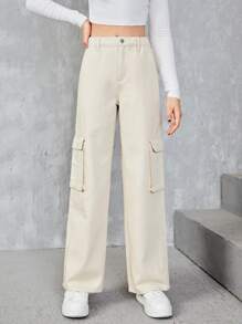 SHEIN Teen Girls Flap Pocket Wide Leg Jeans - Beige - View 1