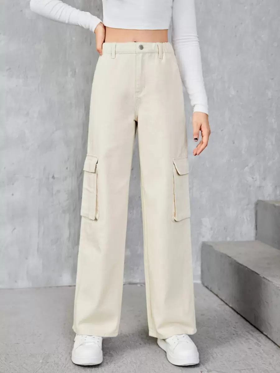 SHEIN Teen Girls Flap Pocket Wide Leg Jeans - Beige - View 1