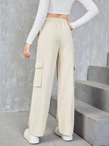 SHEIN Teen Girls Flap Pocket Wide Leg Jeans - Beige - View 2