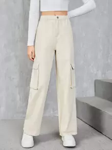 SHEIN Teen Girls Flap Pocket Wide Leg Jeans - Beige - View 3