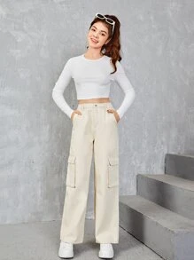 SHEIN Teen Girls Flap Pocket Wide Leg Jeans - Beige - View 4
