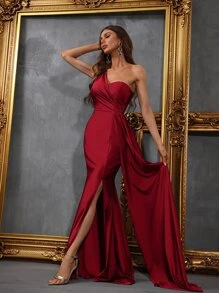 Faeriesty Elegant Women's One-Shoulder Asymmetric Draping Glossy Stretchy Knit Floor-Length Mermaid Gown – High Slit Fitted Silhouette For Weddings, Galas & Formal Events - Burgundy - View 5