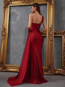 Faeriesty Elegant Women's One-Shoulder Asymmetric Draping Glossy Stretchy Knit Floor-Length Mermaid Gown – High Slit Fitted Silhouette For Weddings, Galas & Formal Events - Burgundy - View 2