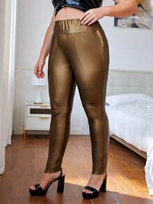 SHEIN Privé Plus High Waist PU Leather Skinny Trousers - Brown - View 5