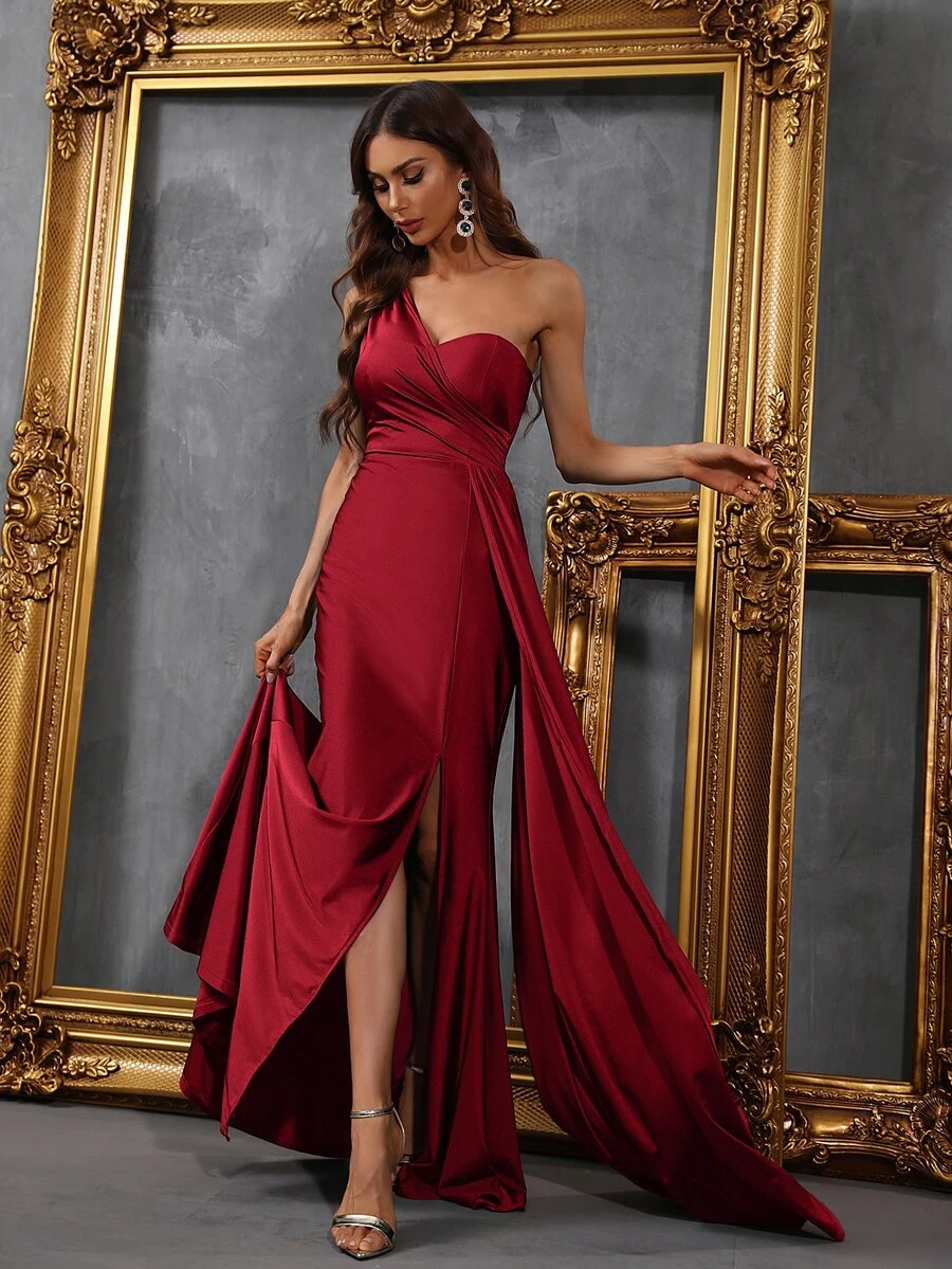 Faeriesty Elegant Women's One-Shoulder Asymmetric Draping Glossy Stretchy Knit Floor-Length Mermaid Gown – High Slit Fitted Silhouette For Weddings, Galas & Formal Events - Burgundy - View 1
