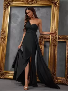 Faeriesty Váy đuôi cá dài chấm đất, dệt kim co giãn, dáng suông lệch vai thanh lịch dành cho nữ – Dáng ôm xẻ cao, thích hợp cho đám cưới, tiệc tối và sự kiện trang trọng - màu đen - Xem 5