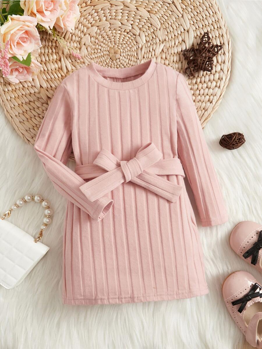 SHEIN Baby Girl Ribbed Knit Belted Dress - Baby Pink - View 1