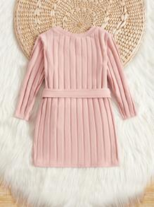 SHEIN Baby Girl Ribbed Knit Belted Dress - Baby Pink - View 2