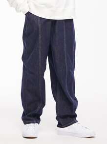 Pantalones vaqueros rectos con efecto de denim lavado de estilo vintage para niños preadolescentes para primavera y otoño - Azul lavado oscuro - Ver 1