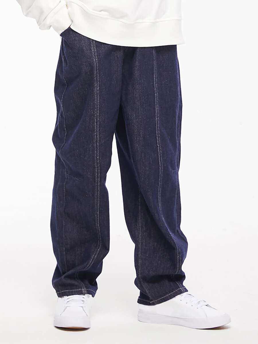 Pantalones vaqueros rectos con efecto de denim lavado de estilo vintage para niños preadolescentes para primavera y otoño - Azul lavado oscuro - Ver 1