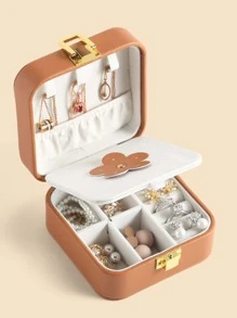 1pc Flower Detail Portable Jewelry Storage Box - Brown - View 1