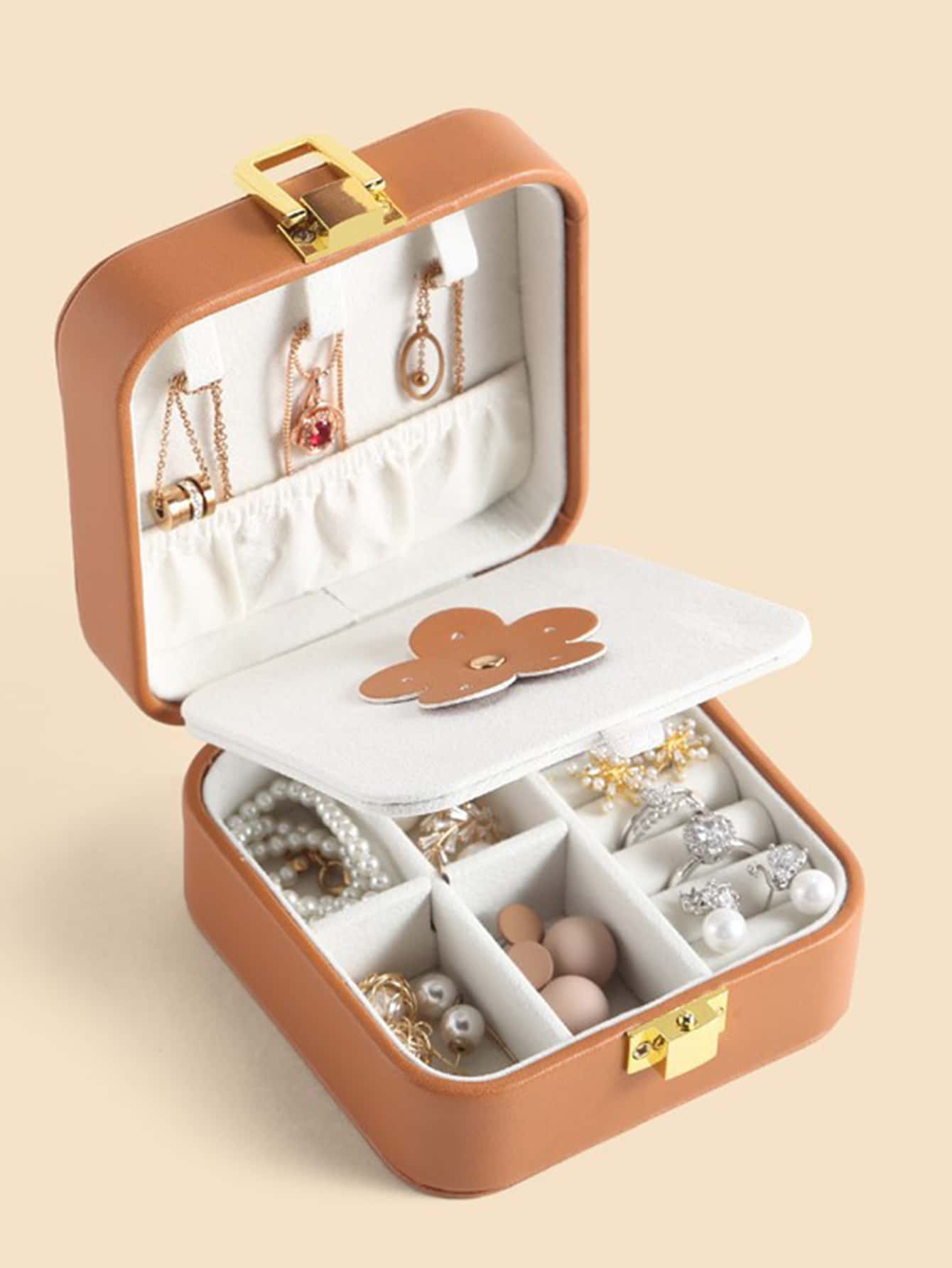 1pc Flower Detail Portable Jewelry Storage Box - Brown - View 1
