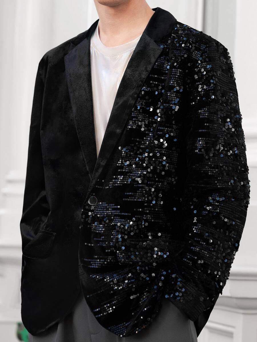 Manfinity Men Contrast Sequins Single Button Blazer - Black - View 1