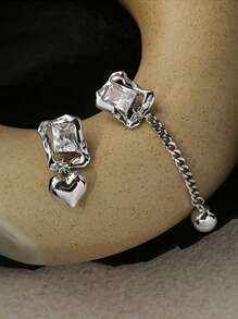 Rhinestone & Heart Decor Mismatched Drop Earrings - Silver - View 2