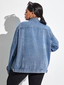 SHEIN Essnce Plus Ripped Drop Shoulder Denim Jacket - Medium Wash - View 2