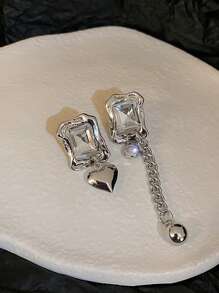Rhinestone & Heart Decor Mismatched Drop Earrings - Silver - View 3