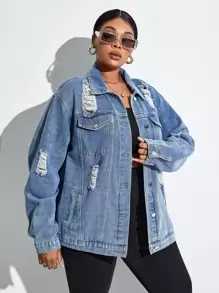 SHEIN Essnce Plus Ripped Drop Shoulder Denim Jacket - Medium Wash - View 3