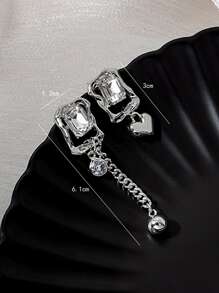 Rhinestone & Heart Decor Mismatched Drop Earrings - Silver - View 4