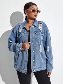 SHEIN Essnce Plus Ripped Drop Shoulder Denim Jacket - Medium Wash - View 4