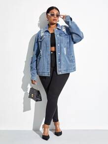 SHEIN Essnce Plus Ripped Drop Shoulder Denim Jacket - Medium Wash - View 5