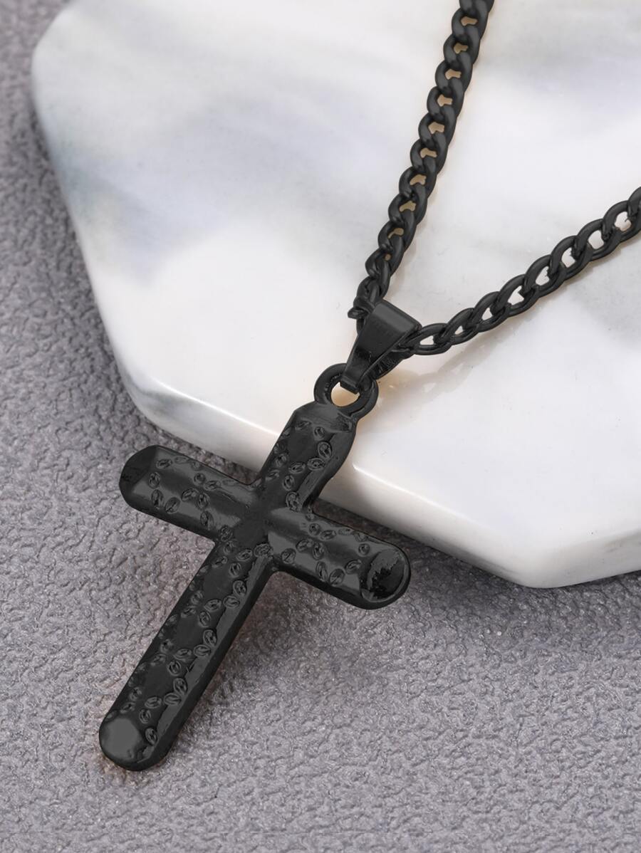 Men Cross Pendant Necklace - Black - View 1