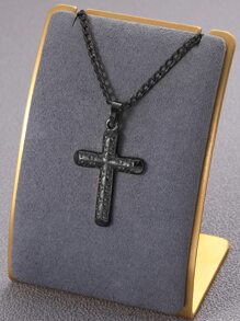 Men Cross Pendant Necklace - Black - View 4