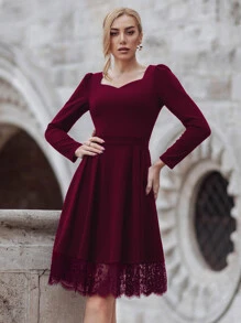MIUSOL Contrast Eyelash Lace Sweetheart Neck Dress - Maroon - View 3