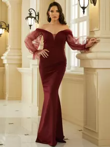 Missord Off Shoulder Sheer Flounce Sleeve Prom Dress