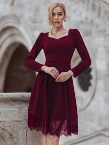 MIUSOL Contrast Eyelash Lace Sweetheart Neck Dress - Maroon - View 5