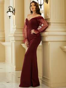 Missord Off Shoulder Sheer Flounce Sleeve Prom Dress