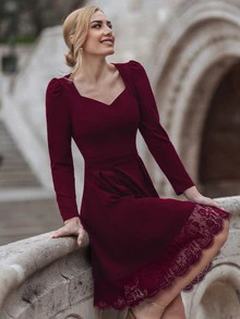 MIUSOL Contrast Eyelash Lace Sweetheart Neck Dress - Maroon - View 6