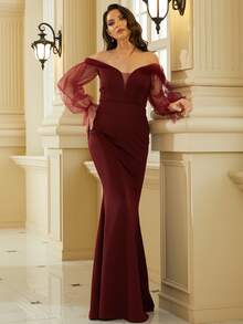 Missord Off Shoulder Sheer Flounce Sleeve Prom Dress