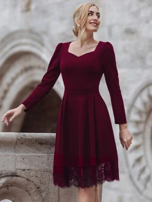 MIUSOL Contrast Eyelash Lace Sweetheart Neck Dress - Maroon - View 4