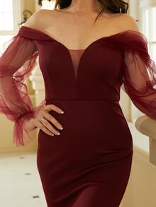 Missord Off Shoulder Sheer Flounce Sleeve Prom Dress