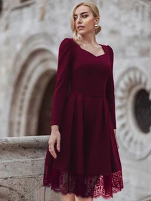 MIUSOL Contrast Eyelash Lace Sweetheart Neck Dress - Maroon - View 7
