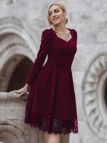 MIUSOL Contrast Eyelash Lace Sweetheart Neck Dress - Maroon - View 8